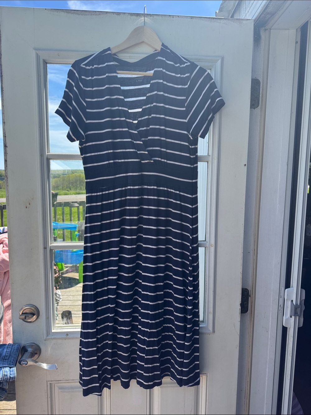 L.L. Bean Navy and White Striped V-Neck Midi Dress Large